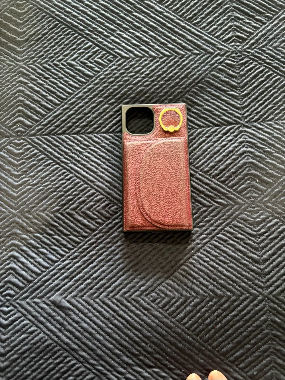 Leather Texture Burgundy Phone Case with Gold Ring Holder iPhone 13 wallet case